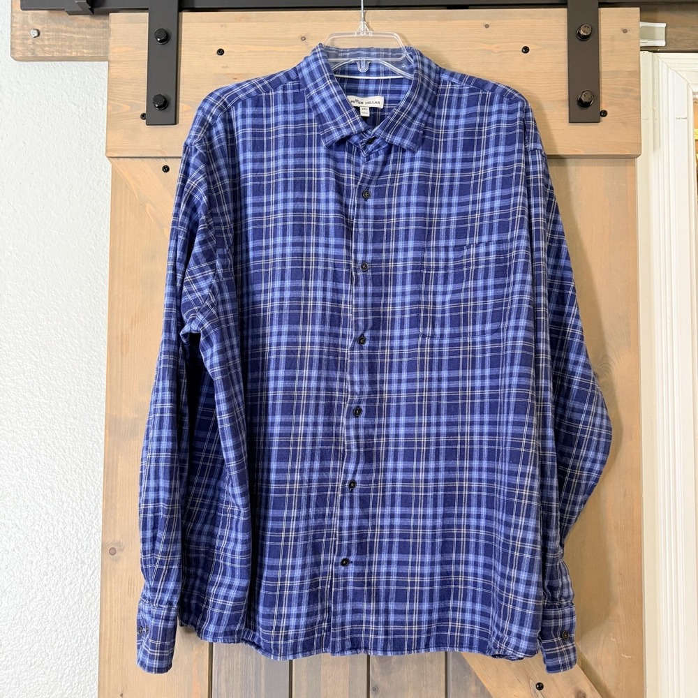 Peter Millar Shirt Mens 2XL Blue Plaid Long Sleeve Flannel Button Up Casual